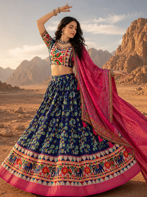Blue Floral Dola SilkBlend Patola Lehenga Choli with Gamthi Work Dupatta 4