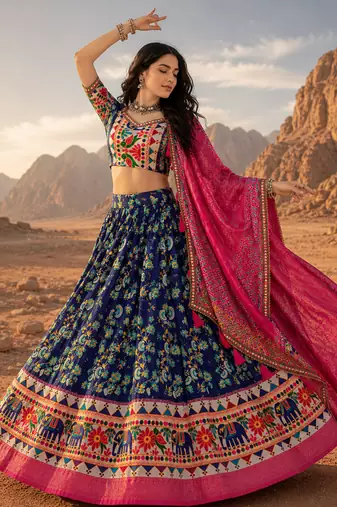 Blue Floral Dola SilkBlend Patola Lehenga Choli with Gamthi Work Dupatta
