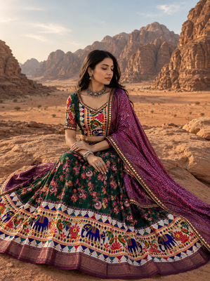 Green Floral Dola SilkBlend Patola Lehenga Choli with Gamthi Work Dupatta 4