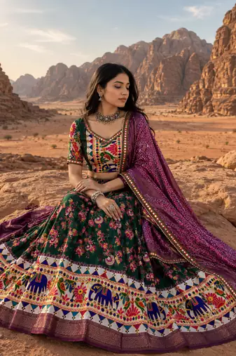 Green Floral Dola SilkBlend Patola Lehenga Choli with Gamthi Work Dupatta