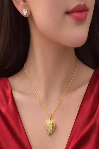 Gold Heart Pendant Necklace Stud Earring Set