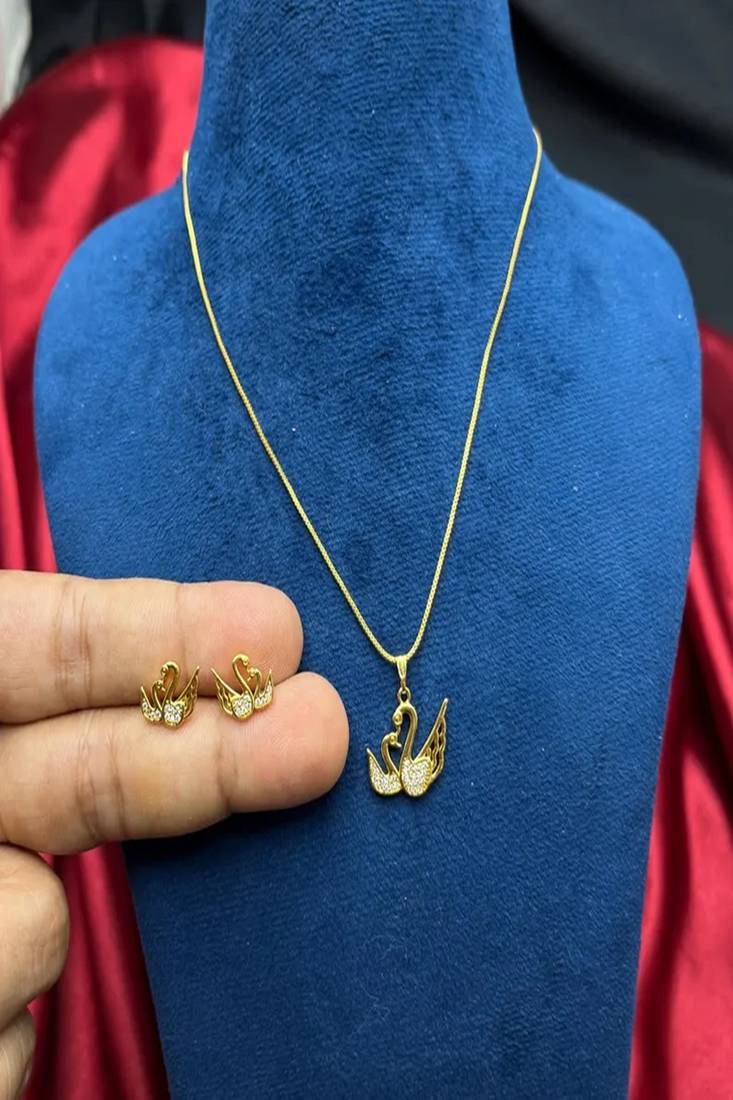 Gold Swan Necklace Earrings Set • Crystal Pave Animal Jewelry