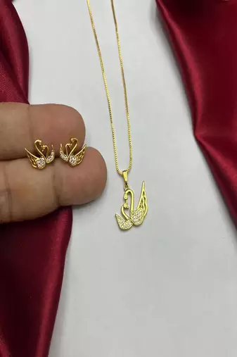 Gold Swan Necklace Earrings Set • Crystal Pave Animal Jewelry