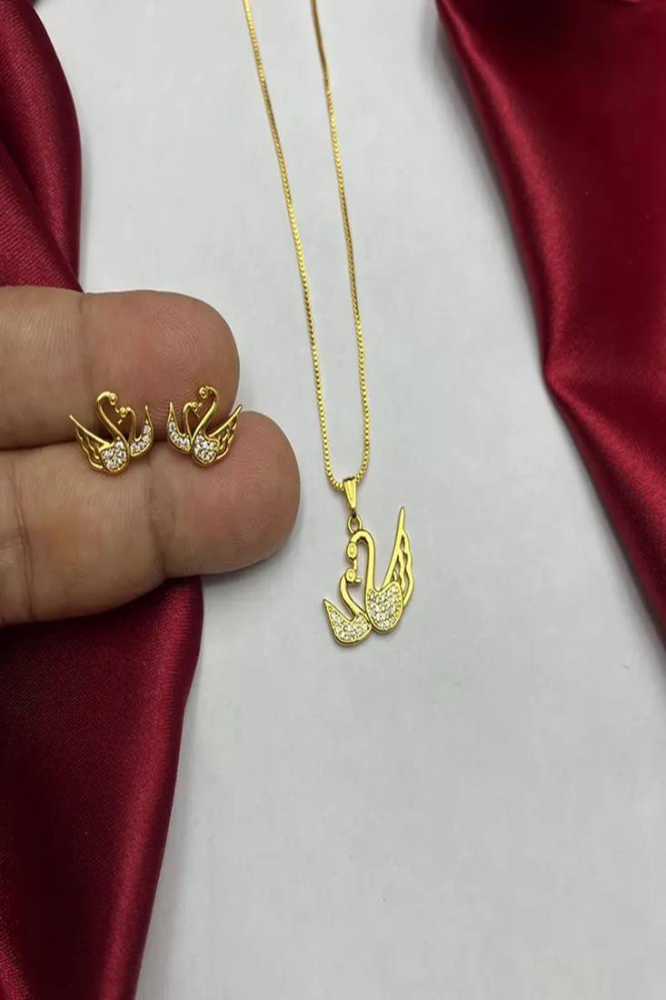 Gold Swan Necklace Earrings Set • Crystal Pave Animal Jewelry