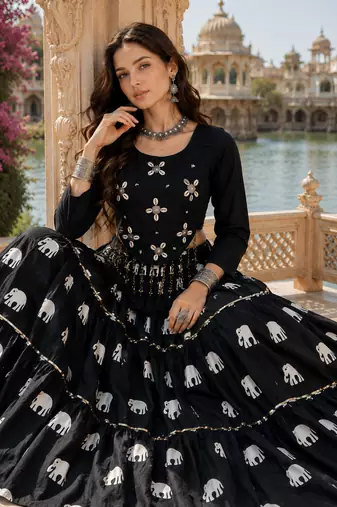Black Cotton Navratri Lehenga Choli with Hand Work & Real Kodi Work