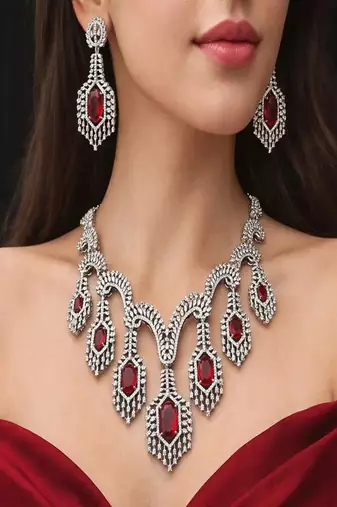 Ruby Red Crystal Bridal Necklace Set | Silver Toned Choker Earrings