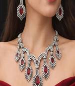 Ruby Red Crystal Bridal Necklace Set | Silver Toned Choker Earrings