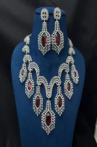 Ruby Red Crystal Bridal Necklace Set | Silver Toned Choker Earrings