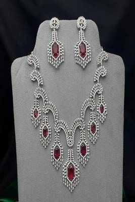 Ruby Red Crystal Bridal Necklace Set | Silver Toned Choker Earrings 3