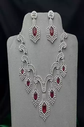 Ruby Red Crystal Bridal Necklace Set | Silver Toned Choker Earrings