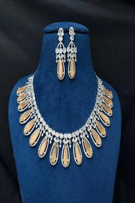 Peach Cat's Eye Bridal Jewelry Set, Zirconia Necklace Earrings 2