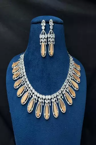 Peach Cat's Eye Bridal Jewelry Set, Zirconia Necklace Earrings