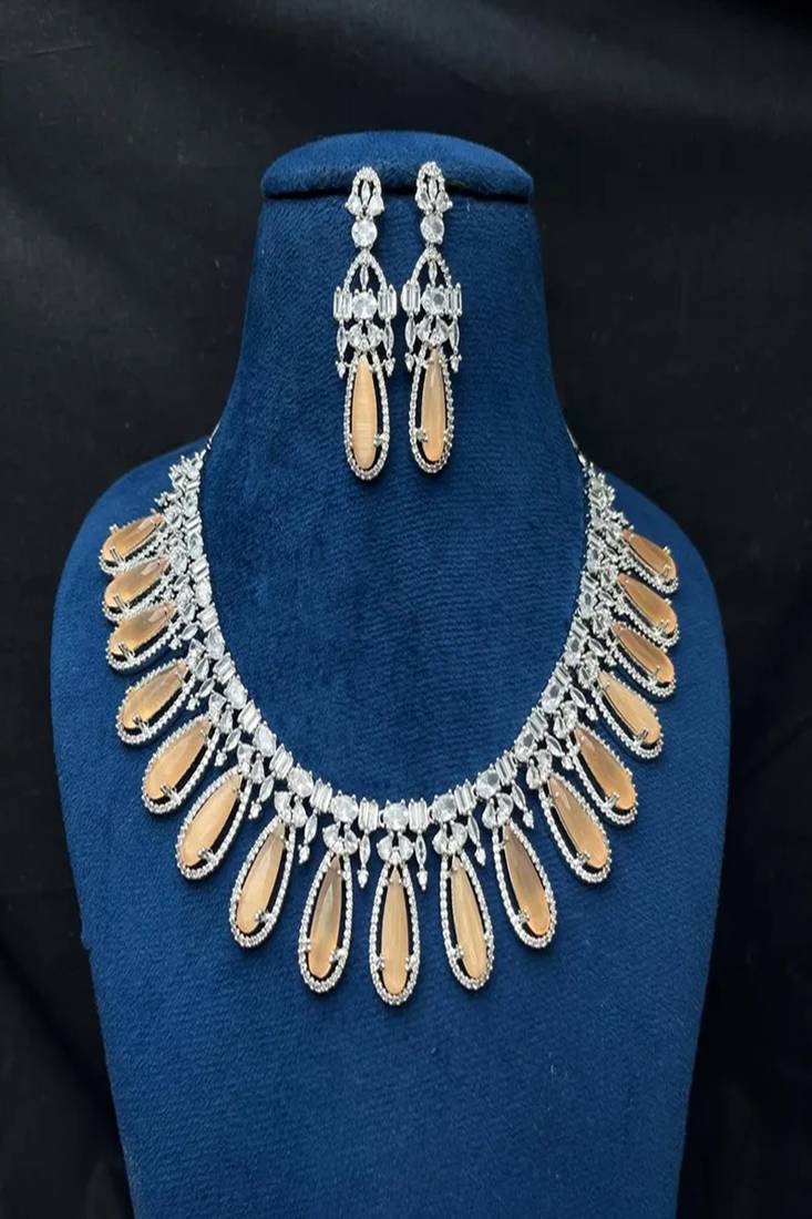Peach Cat's Eye Bridal Jewelry Set, Zirconia Necklace Earrings