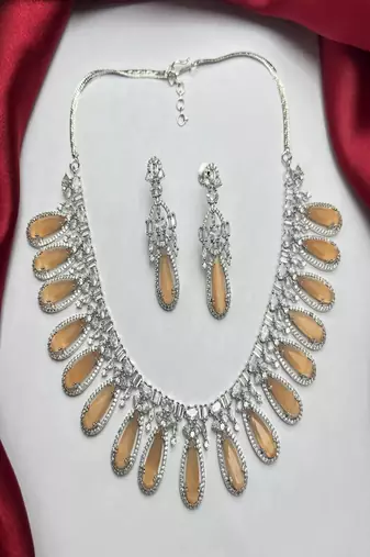 Peach Cat's Eye Bridal Jewelry Set, Zirconia Necklace Earrings