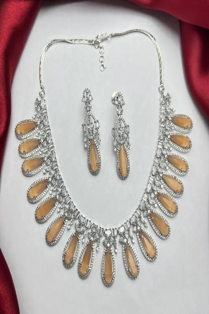 Peach Cat's Eye Bridal Jewelry Set, Zirconia Necklace Earrings
