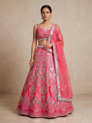 Rani Pink Designer Mirror Work Bridal Lehenga Choli with Embroidered Net Dupatta 1