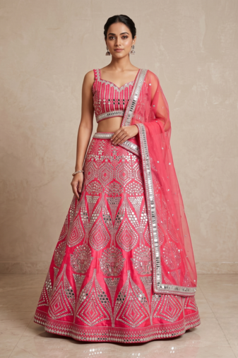 Rani Pink Designer Mirror Work Bridal Lehenga Choli with Embroidered Net Dupatta