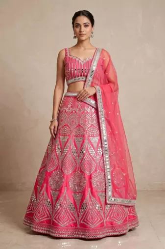 Rani Pink Designer Mirror Work Bridal Lehenga Choli with Embroidered Net Dupatta