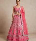 Rani Pink Designer Mirror Work Bridal Lehenga Choli with Embroidered Net Dupatta