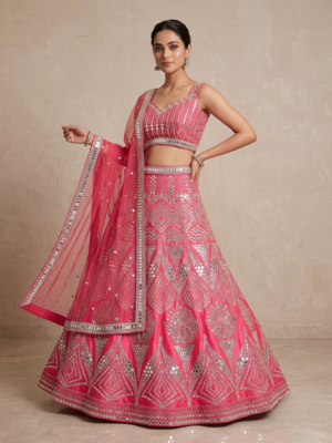 Rani Pink Designer Mirror Work Bridal Lehenga Choli with Embroidered Net Dupatta 2