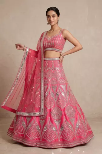 Rani Pink Designer Mirror Work Bridal Lehenga Choli with Embroidered Net Dupatta