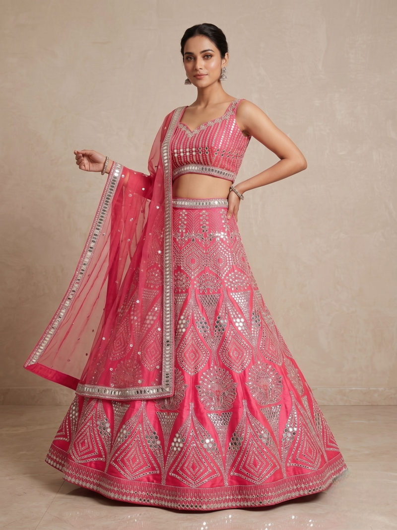 Rani Pink Designer Mirror Work Bridal Lehenga Choli with Embroidered Net Dupatta