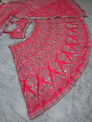 Rani Pink Designer Mirror Work Bridal Lehenga Choli with Embroidered Net Dupatta 3
