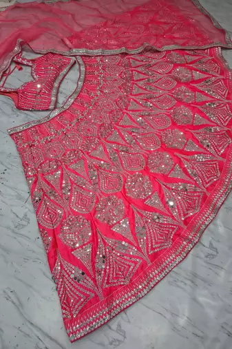 Rani Pink Designer Mirror Work Bridal Lehenga Choli with Embroidered Net Dupatta