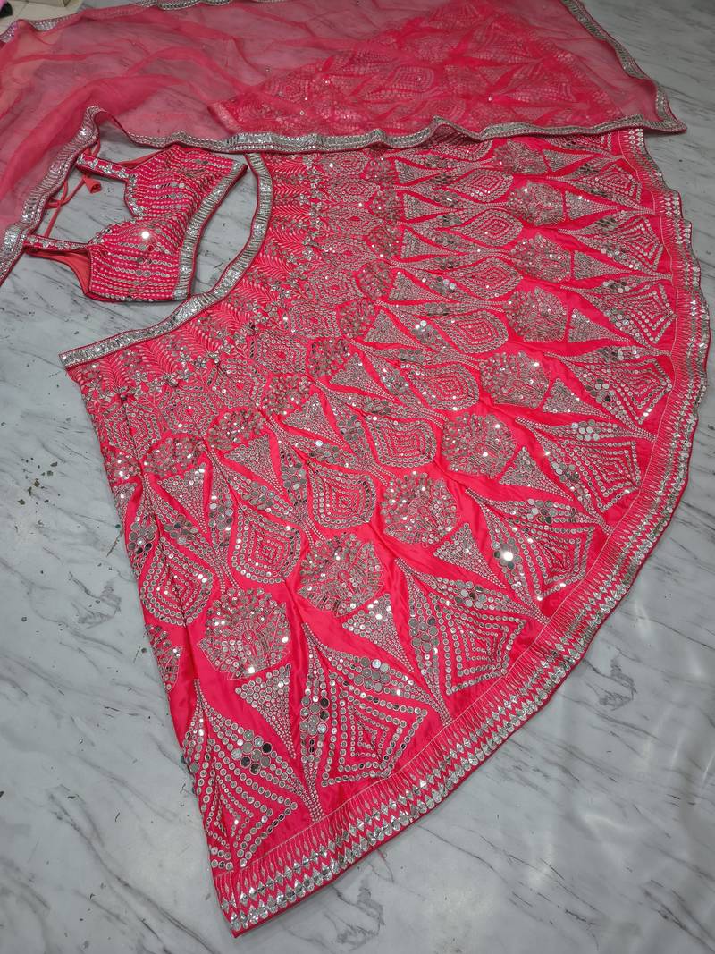 Rani Pink Designer Mirror Work Bridal Lehenga Choli with Embroidered Net Dupatta