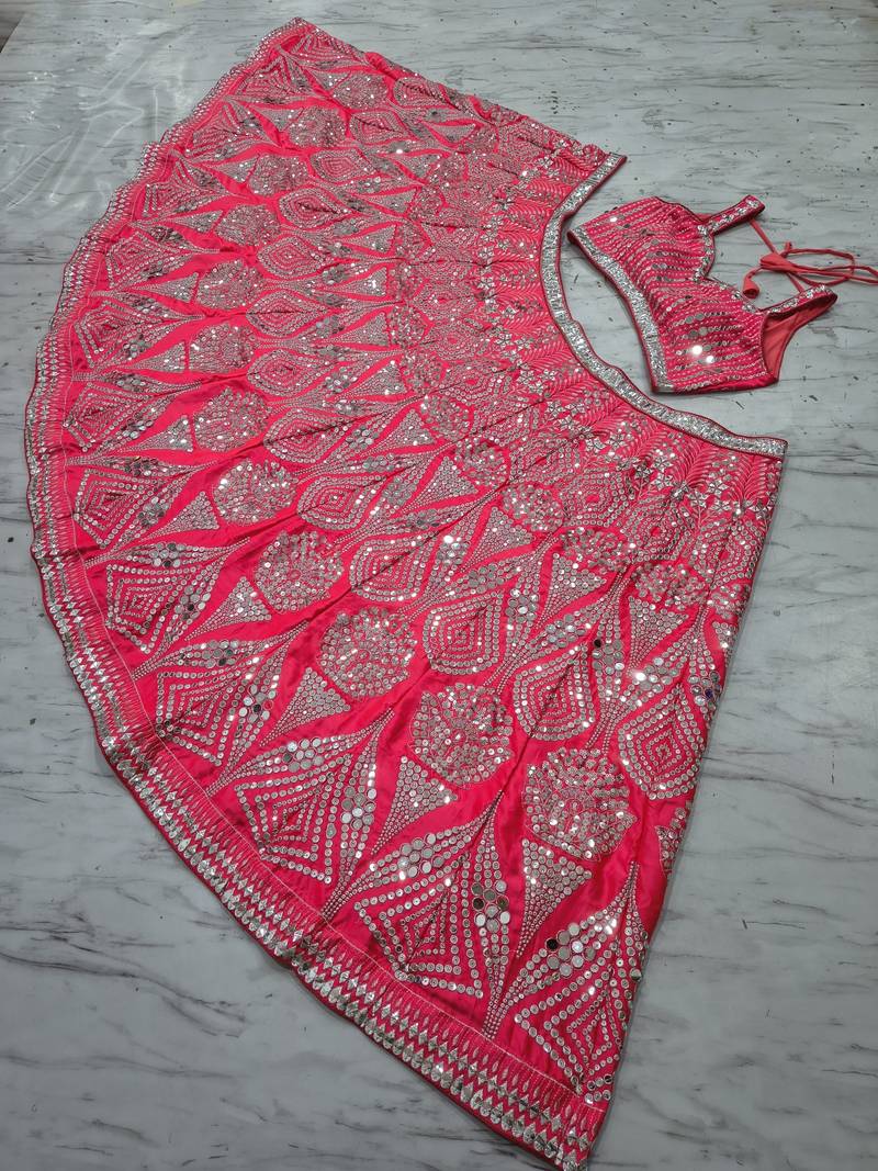 Rani Pink Designer Mirror Work Bridal Lehenga Choli with Embroidered Net Dupatta