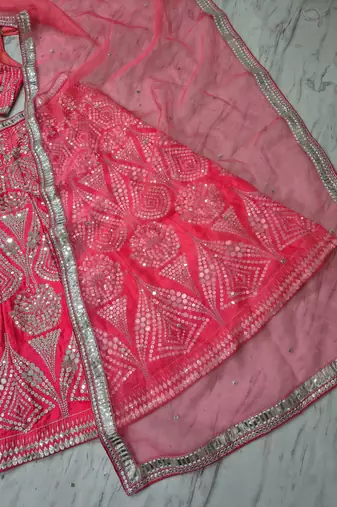 Rani Pink Designer Mirror Work Bridal Lehenga Choli with Embroidered Net Dupatta