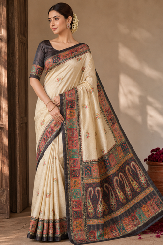 Cream-Brown Printed Jaqurad Weaving All Over Full Jari Weaving Dola Silk Saree