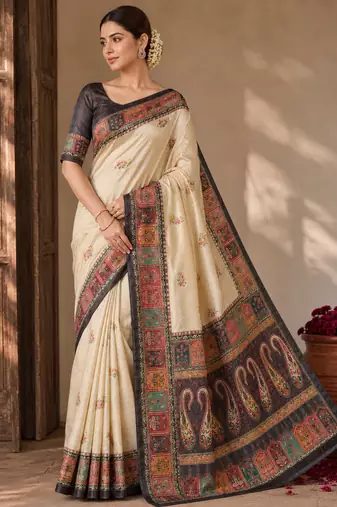 Cream-Brown Color Printed Jaqurad Weaving All Over Full Jari Weaving Dola Silk Saree