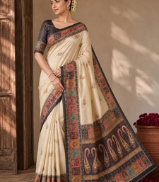 Cream-Brown Color Printed Jaqurad Weaving All Over Full Jari Weaving Dola Silk Saree