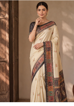 Cream-Brown Color Printed Jaqurad Weaving All Over Full Jari Weaving Dola Silk Saree 2