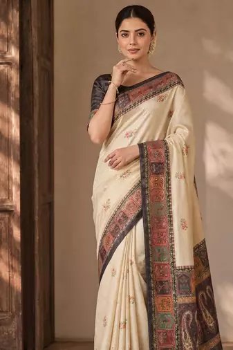 Cream-Brown Color Printed Jaqurad Weaving All Over Full Jari Weaving Dola Silk Saree