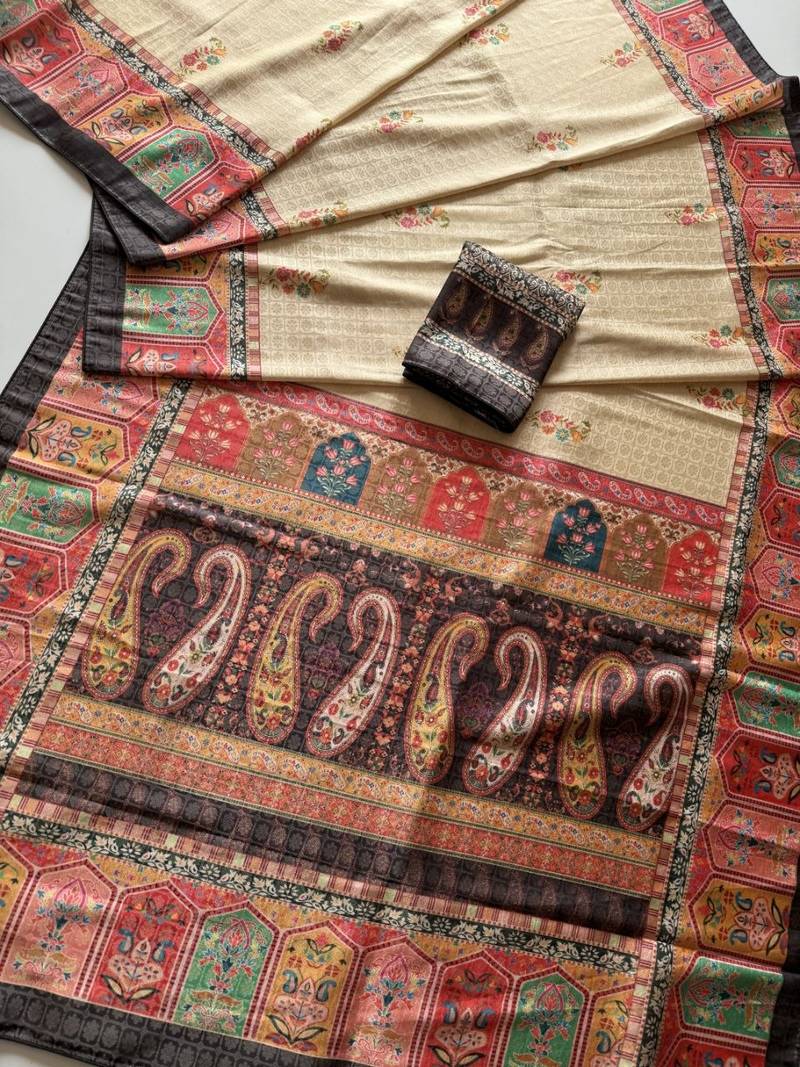 Cream-Brown Color Printed Jaqurad Weaving All Over Full Jari Weaving Dola Silk Saree