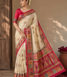 Cream-Rani Pink Color Printed Jaqurad Weaving All Over Full Jari Weaving Dola Silk Saree