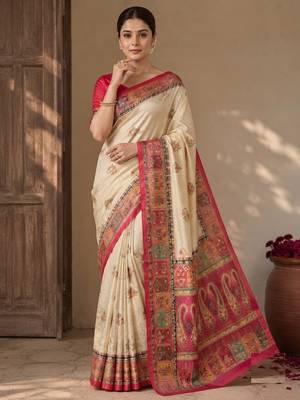 Cream-Rani Pink Color Printed Jaqurad Weaving All Over Full Jari Weaving Dola Silk Saree 2
