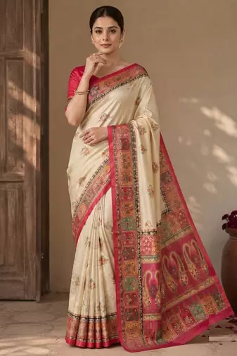 Cream-Rani Pink Color Printed Jaqurad Weaving All Over Full Jari Weaving Dola Silk Saree