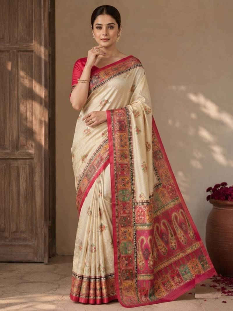 Cream-Rani Pink Color Printed Jaqurad Weaving All Over Full Jari Weaving Dola Silk Saree