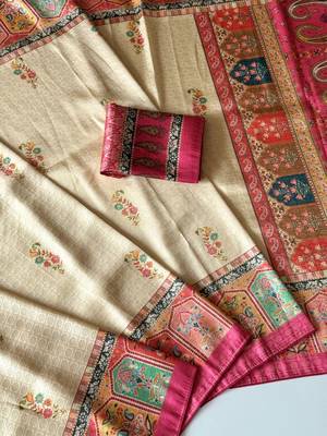 Cream-Rani Pink Color Printed Jaqurad Weaving All Over Full Jari Weaving Dola Silk Saree 3