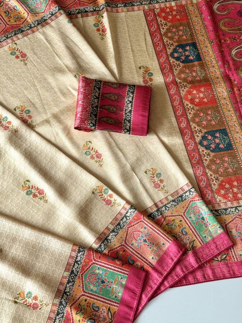 Cream-Rani Pink Color Printed Jaqurad Weaving All Over Full Jari Weaving Dola Silk Saree