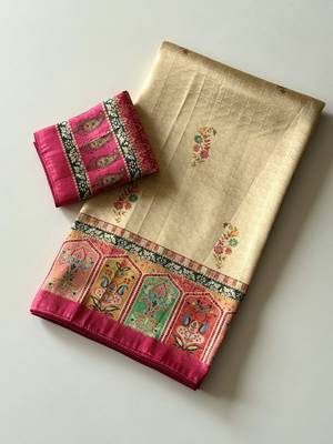 Cream-Rani Pink Color Printed Jaqurad Weaving All Over Full Jari Weaving Dola Silk Saree 5