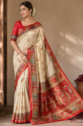 Cream-Red Printed Jaqurad Weaving All Over Full Jari Weaving Dola Silk Saree