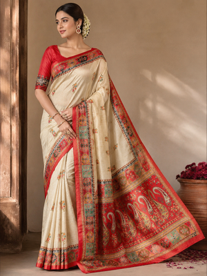 Cream-Red Color Printed Jaqurad Weaving All Over Full Jari Weaving Dola Silk Saree 1