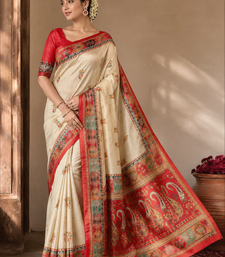 Cream-Red Color Printed Jaqurad Weaving All Over Full Jari Weaving Dola Silk Saree