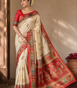 Cream-Red Color Printed Jaqurad Weaving All Over Full Jari Weaving Dola Silk Saree