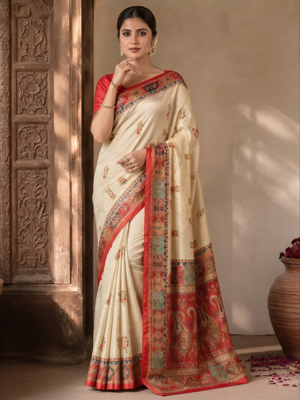 Cream-Red Color Printed Jaqurad Weaving All Over Full Jari Weaving Dola Silk Saree 2