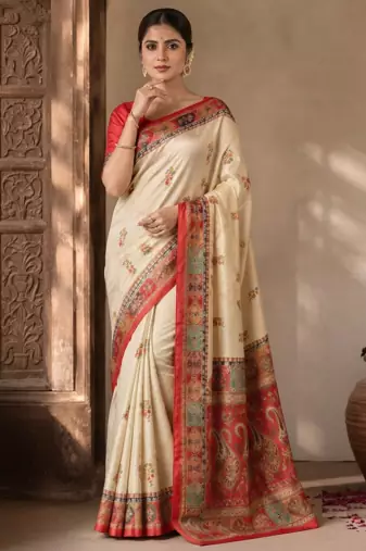 Cream-Red Color Printed Jaqurad Weaving All Over Full Jari Weaving Dola Silk Saree